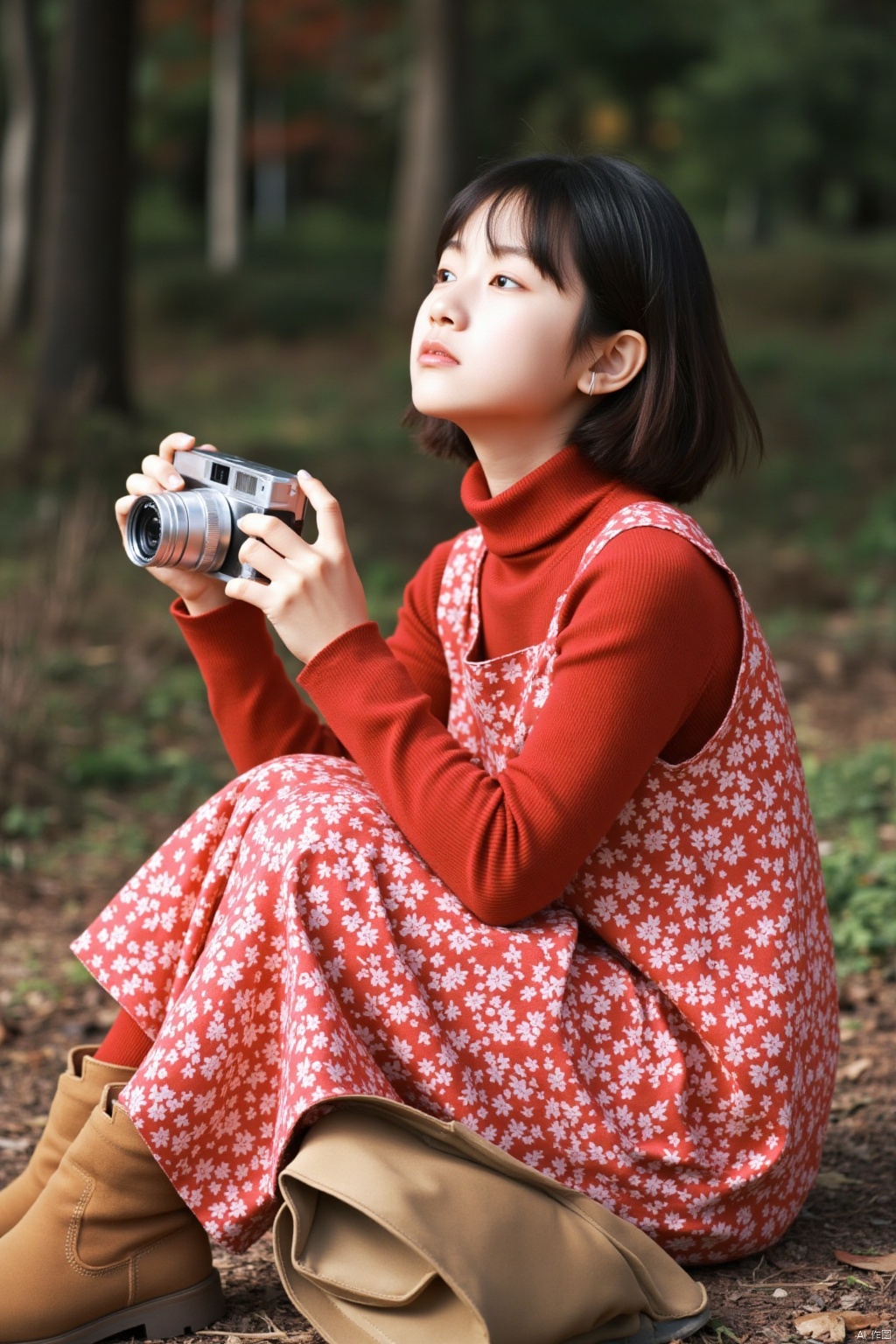 a young Asian girl, dressed in a red turtleneck, is seated on the ground, holding a silver camera in her hands. She is wearing a red dress adorned with a pattern of white flowers, adding a pop of color to her outfit. Her brown boots, her socks, and socks are tucked into her pants. The girl's eyes are closed, as if she is taking a nap. In the background, a forest of trees and shrubs can be seen.