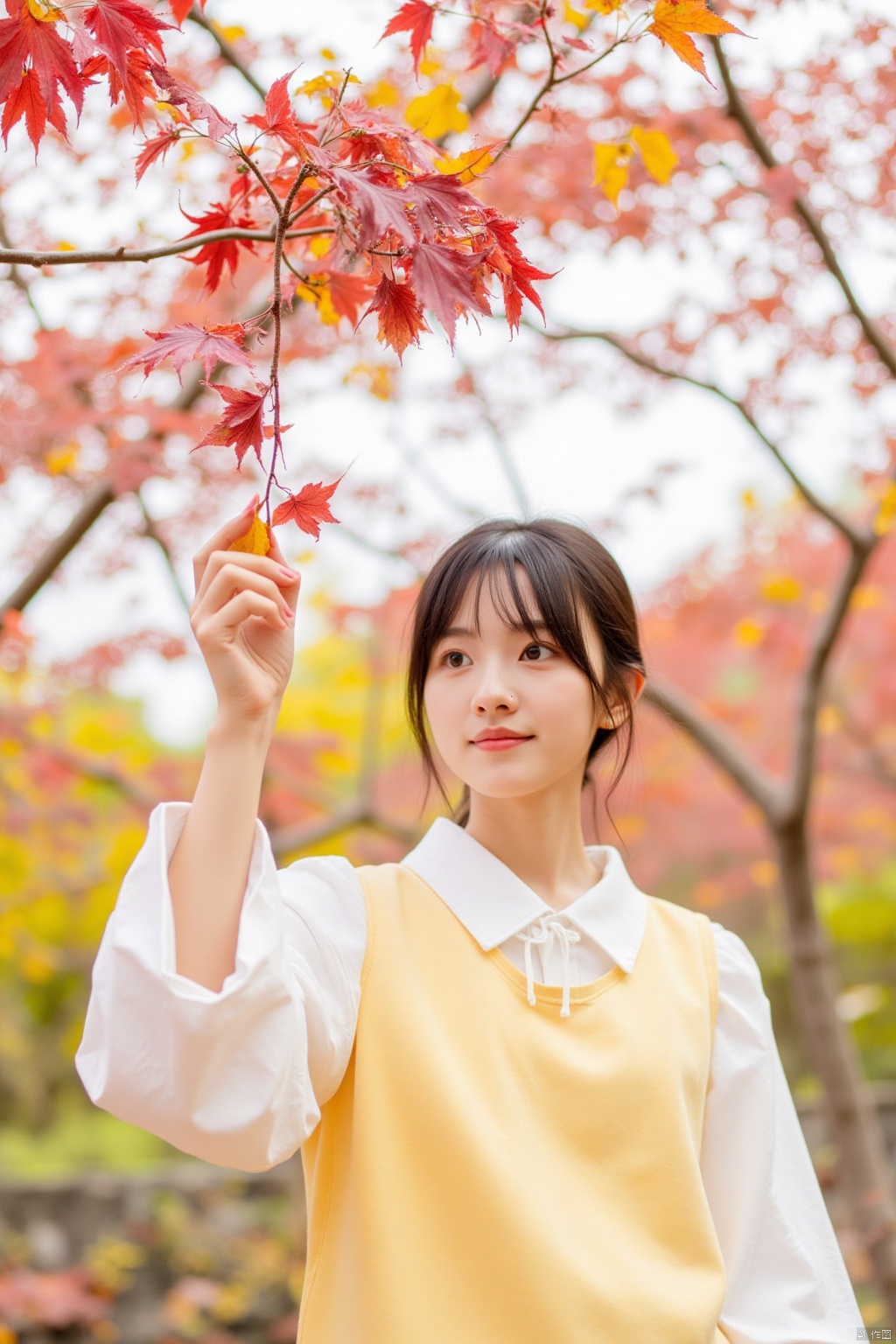 a young Asian woman, dressed in a yellow and white blouse with a white collar, is holding a leaf in her right hand. Her left hand is raised in the air, adding a touch of balance to the scene. The backdrop is blurred, suggesting a natural setting. The leaves on the branches of the tree are a mix of red, orange, and yellow, and the sky is a soft white.
