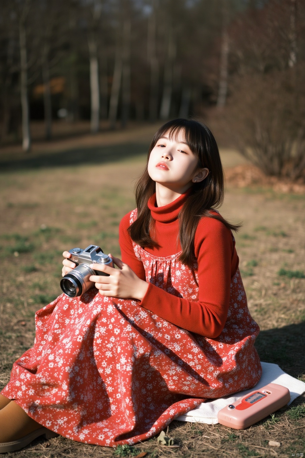 a young Asian girl, dressed in a red turtleneck, is seated on the ground, holding a silver camera in her hands. She is wearing a red dress adorned with a pattern of white flowers, adding a pop of color to her outfit. Her brown boots, her socks, and socks are tucked into her pants. The girl's eyes are closed, as if she is taking a nap. In the background, a forest of trees and shrubs can be seen.
