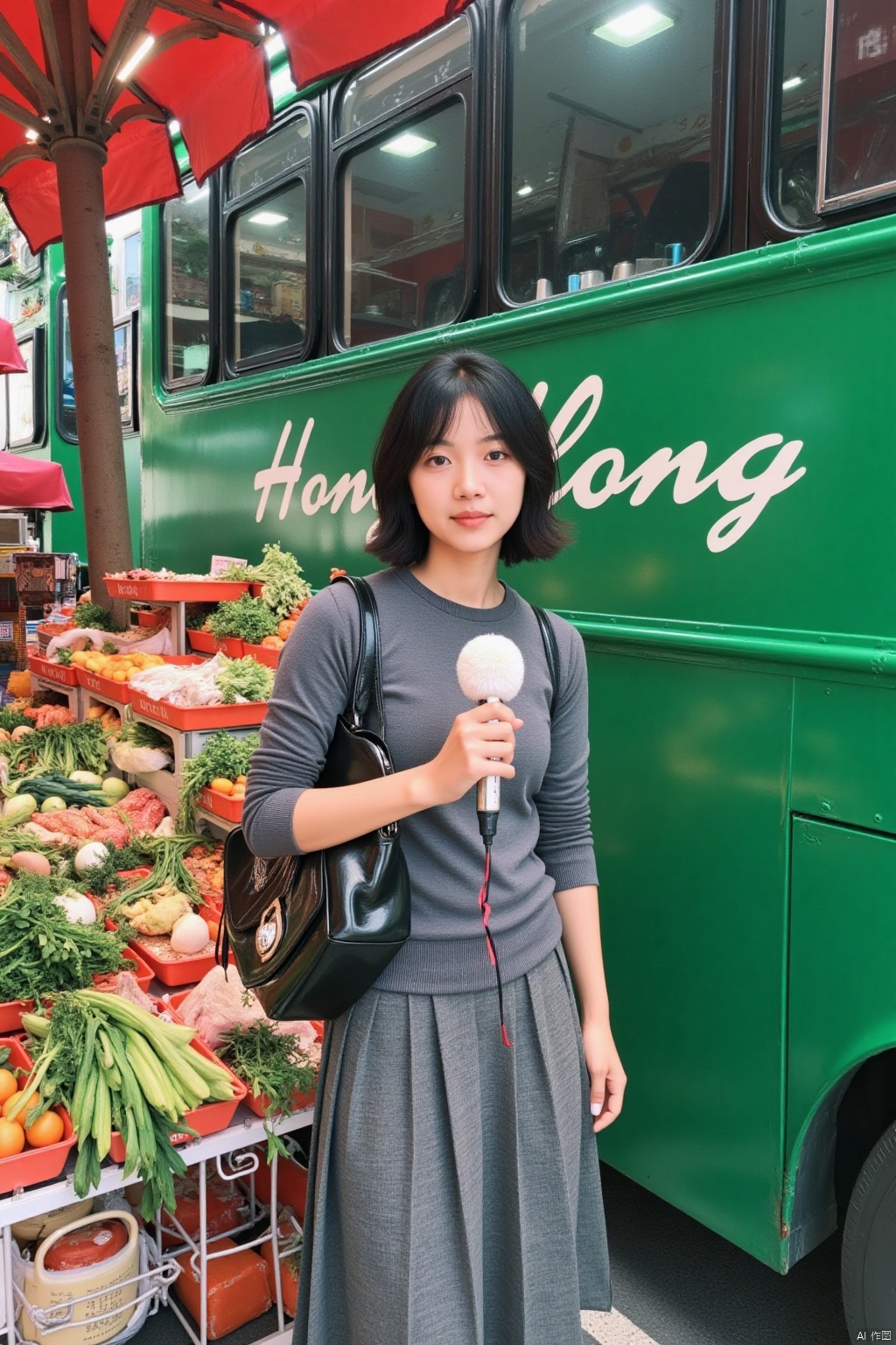a young Asian woman stands in front of a green bus. She is dressed in a gray long-sleeved t-shirt, a gray skirt, and gray socks. She has a black purse on her left shoulder, and a white microphone in her right hand. The bus is adorned with the words "Hong Kong" in white lettering. To the left of the bus is a display of a variety of food, including vegetables and meat.