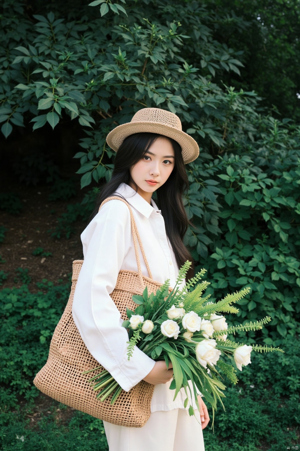a medium-sized Asian girl with long black hair, wearing a white long-sleeved shirt and a straw hat, stands in front of a backdrop of lush green foliage. She is holding a woven woven bag, adorned with a bouquet of white roses and green leaves. Her left hand is draped over the bag, adding a touch of contrast to her outfit.