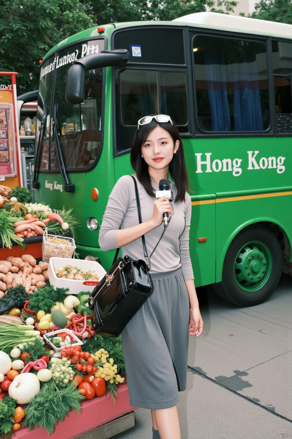 a young Asian woman stands in front of a green bus. She is dressed in a gray long-sleeved t-shirt, a gray skirt, and gray socks. She has a black purse on her left shoulder, and a white microphone in her right hand. The bus is adorned with the words "Hong Kong" in white lettering. To the left of the bus is a display of a variety of food, including vegetables and meat.