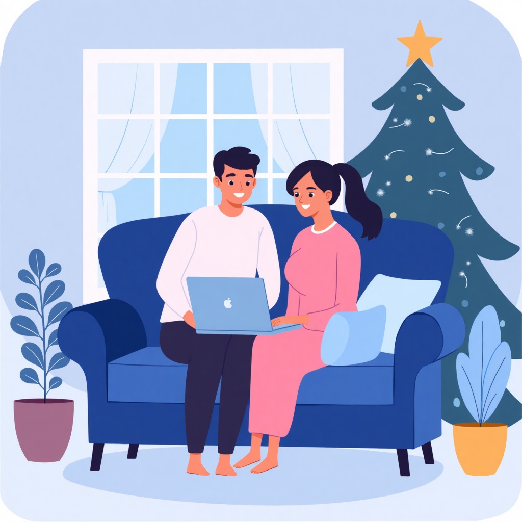 v3ctorArt,  an illustration vector drawing of a couple on the couch with a laptop,  christmas background. blue accent colo...