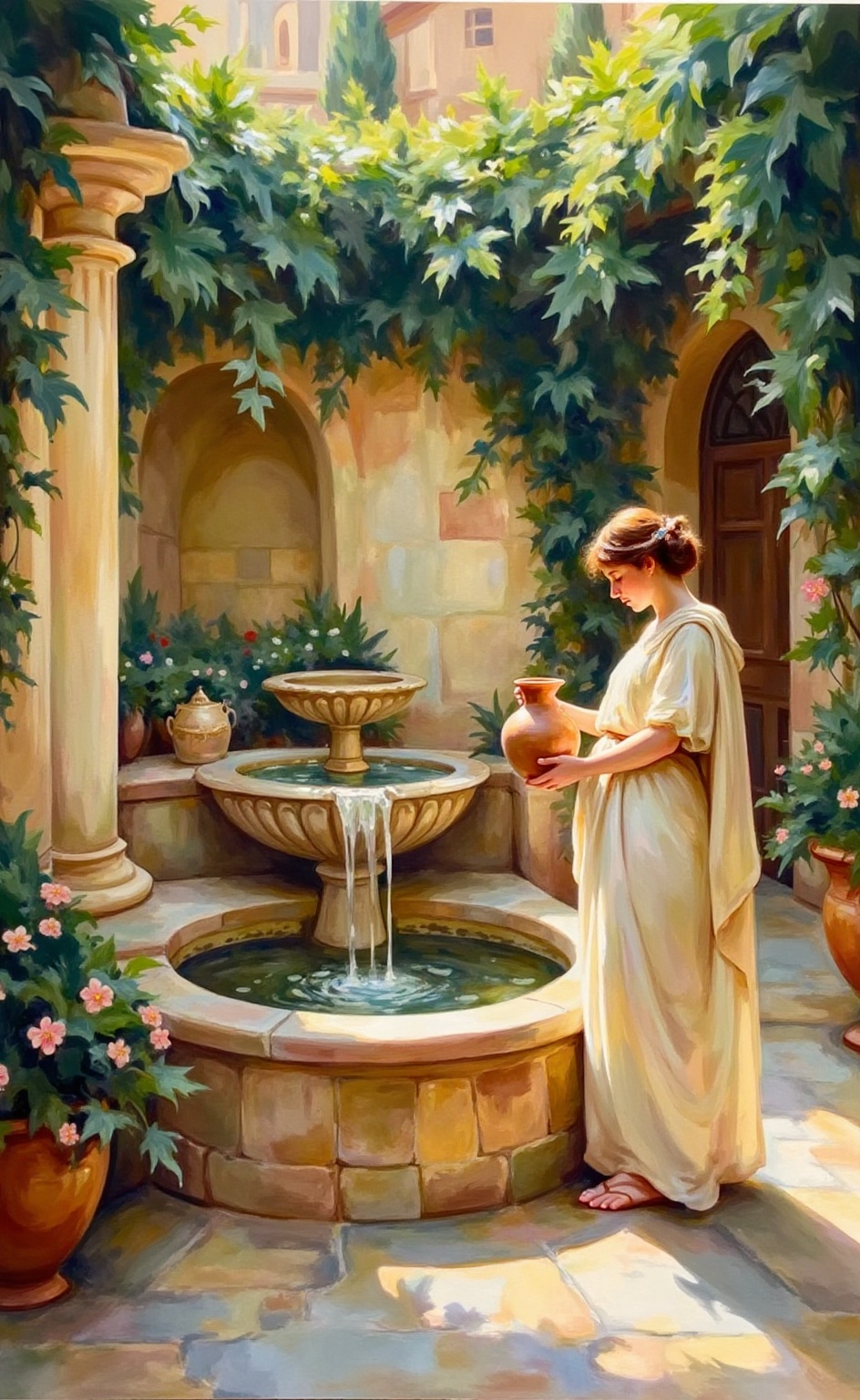 A liamin style painting of an elegant Roman-inspired scene. A tranquil stone courtyard features an ornate water fountain,...