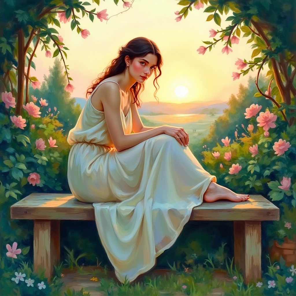 A liamin style painting of a young woman sitting gracefully on a rustic wooden bench in a lush garden. Her flowing dress b...