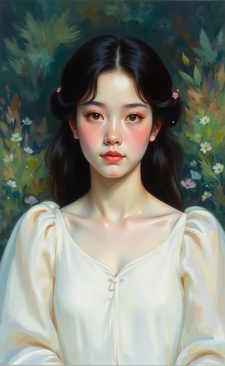 A liamin style image depicting a young woman with dark hair,  wearing a white dress. on Tensor.Art