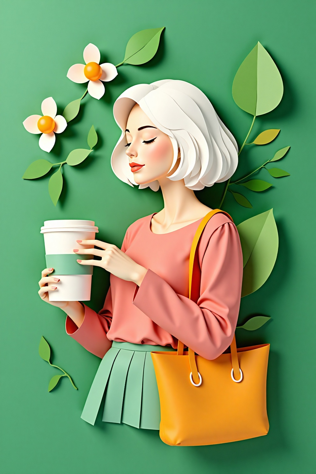 paper_cut,  an illustration of woman holding coffee,  green background on Tensor.Art