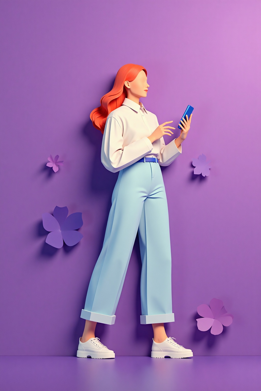 paper_cut,  an illustration of woman holding mobile,  purple background on Tensor.Art