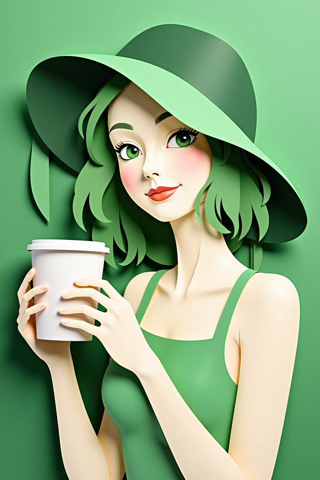 paper_cut,  an illustration of woman holding coffee,  green background on Tensor.Art