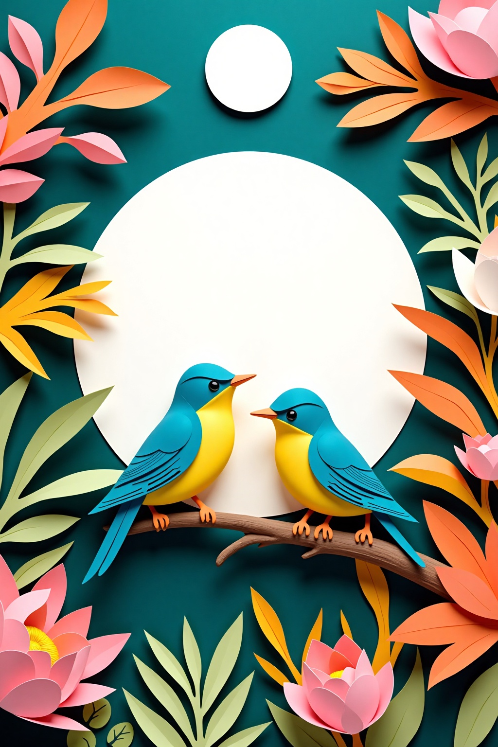 paper_cut,  a medium-angle shot captures a detailed mural of two blue and yellow birds perched on a wooden branch. The bir...