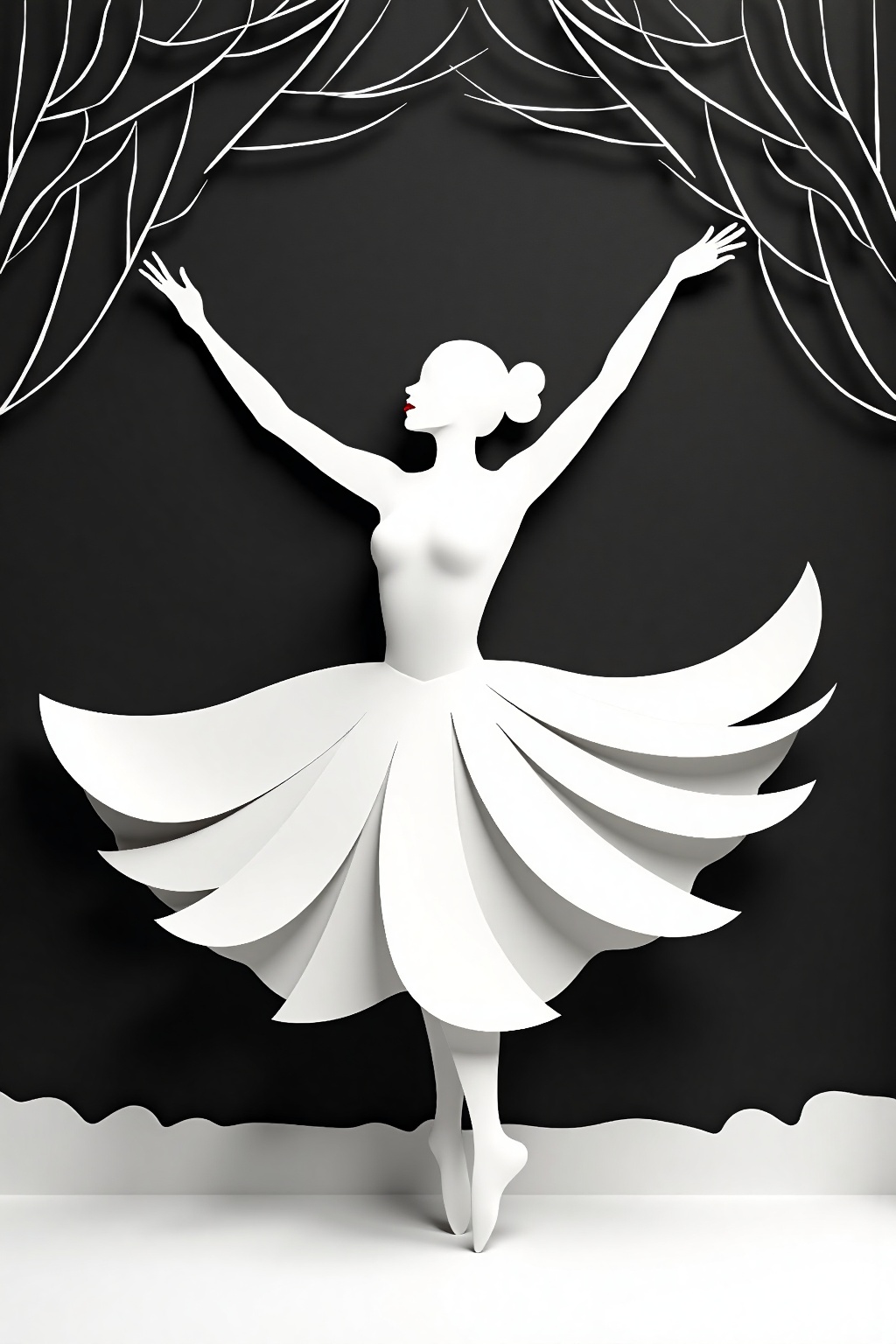 paper_cut,  an illustration,  A graceful ballerina in a flowing white tutu on Tensor.Art