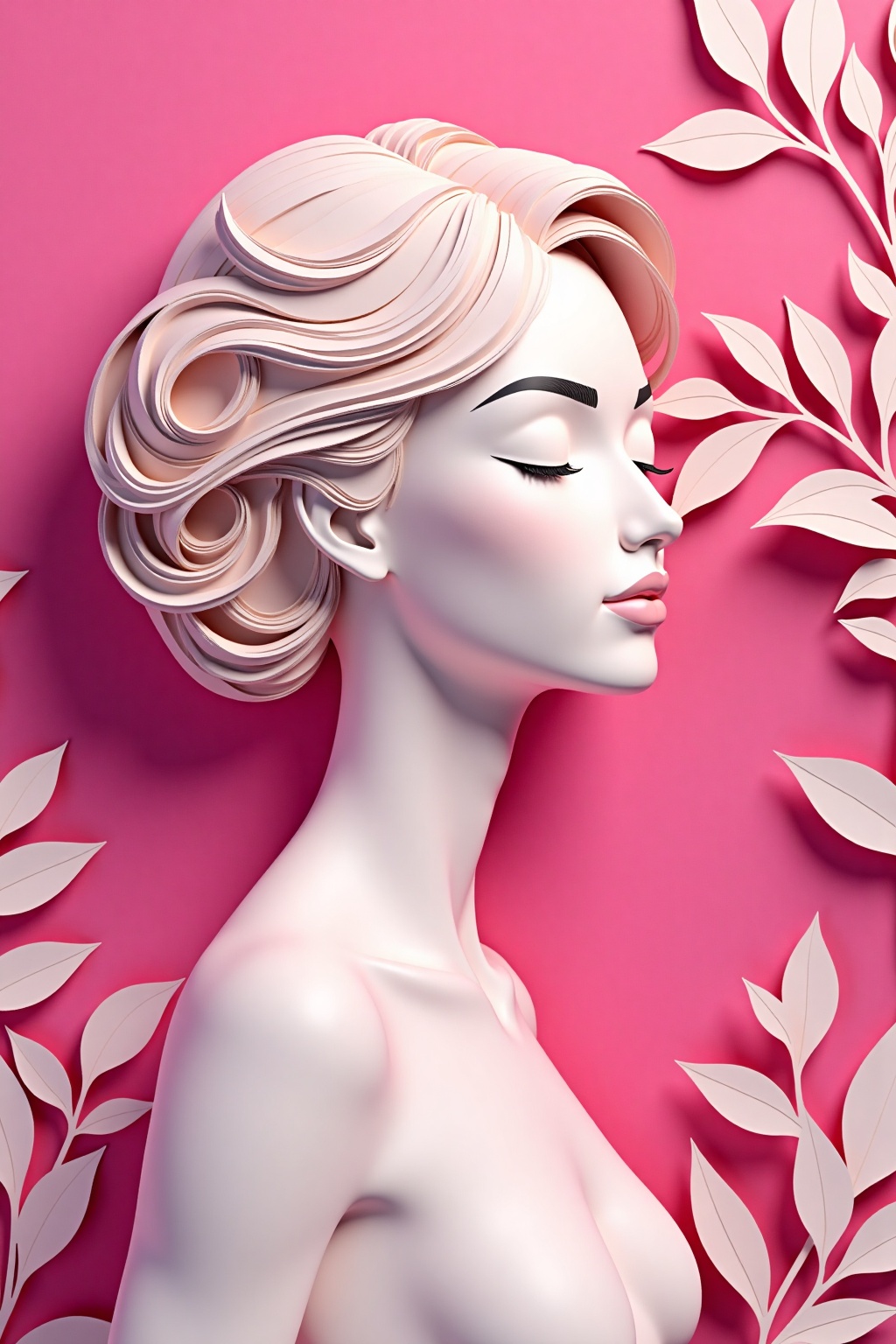 paper_cut,  a 3D rendering of a woman's head and shoulders is seen against a backdrop of a vibrant pink wall adorned with...