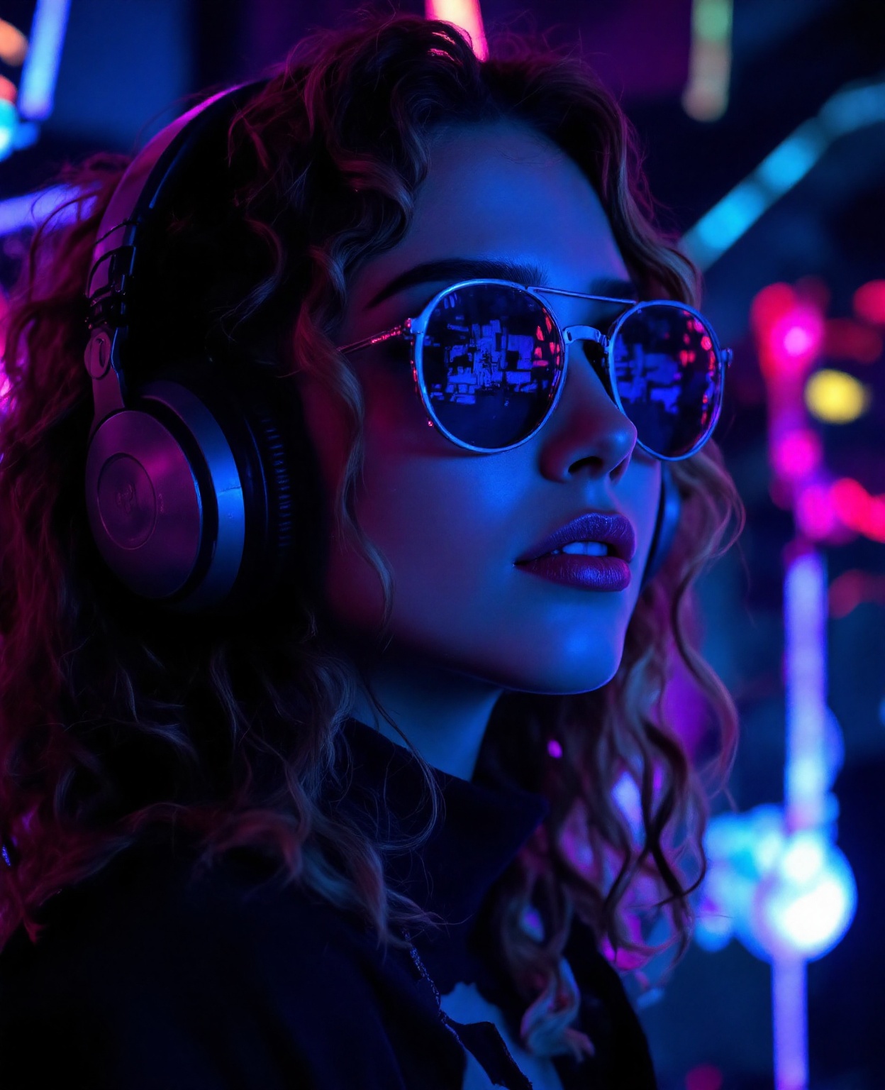 Brown hair . beautiful woman with curly hair and sunglasses wearing full size headphones - ear piece or surround dark room...