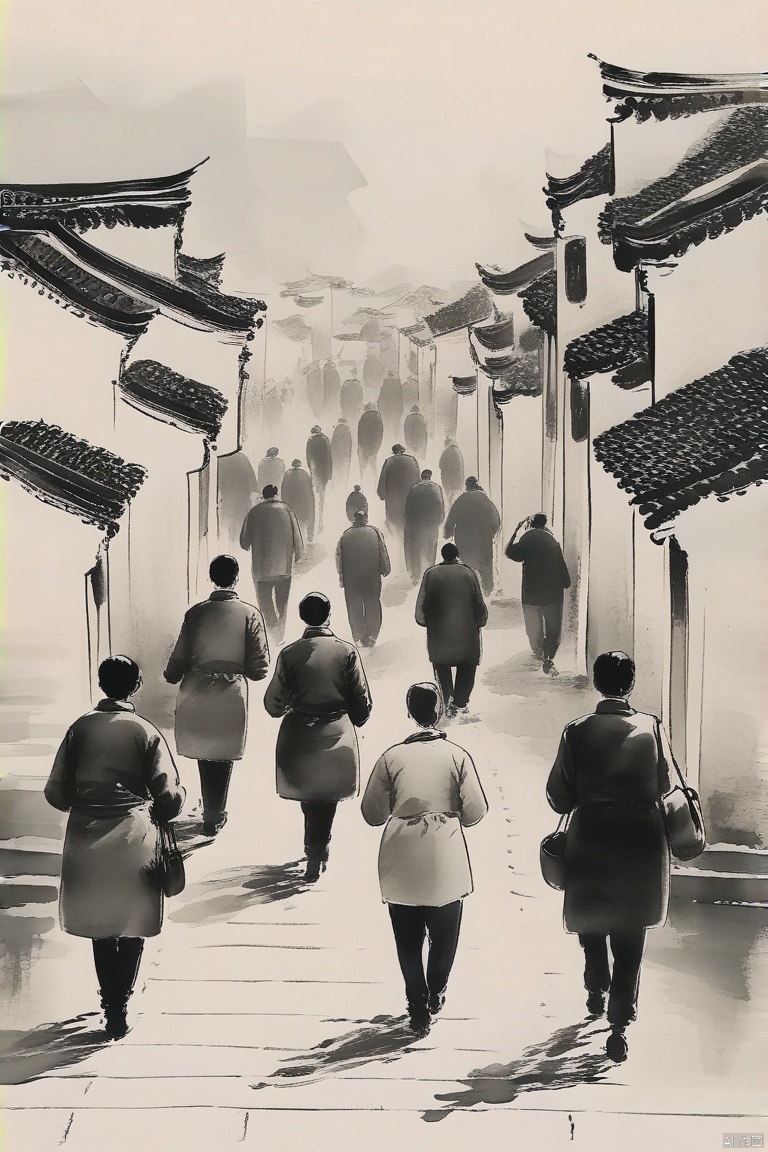 people walking,ink painting,