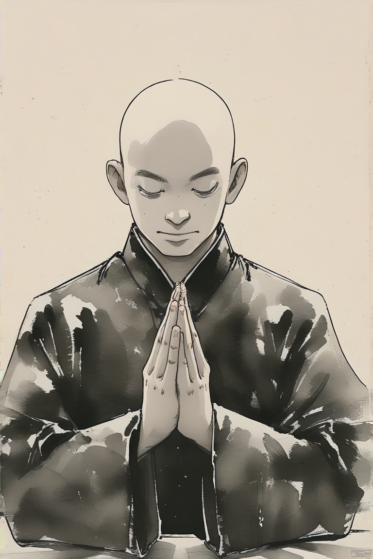 ,illustration,ink painting,solo, bald, 1boy, own hands together, male focus, praying