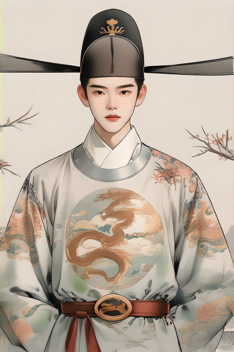 ,illustration,ink painting,明制,明制汉服,广袖圆领袍,高领内衬,绣花,龙纹革腰带,半臂,一个男生,单人