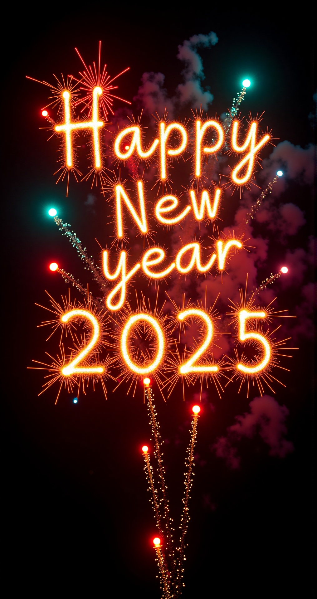 new year post card,  a vibrant display of fireworks is captured in a close-up shot. The fireworks make light writing style...