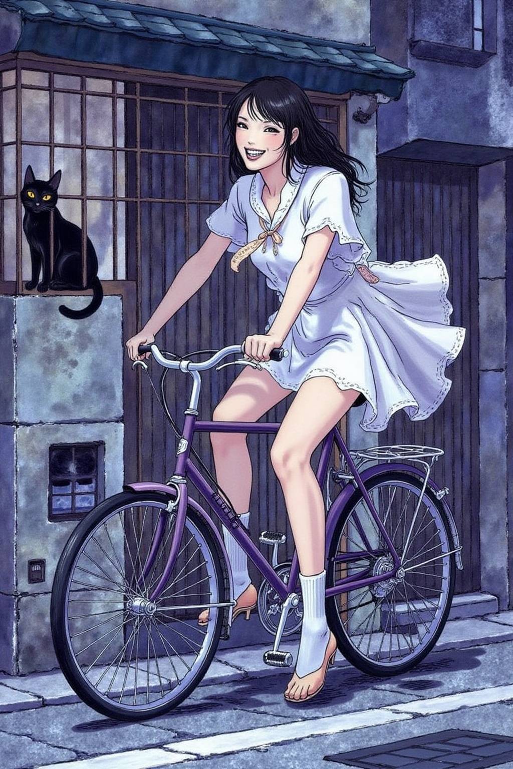 itacomic1 illustration. A Japanese school girl riding a old style bicycle through a narrow,  quiet street at night. The ha...