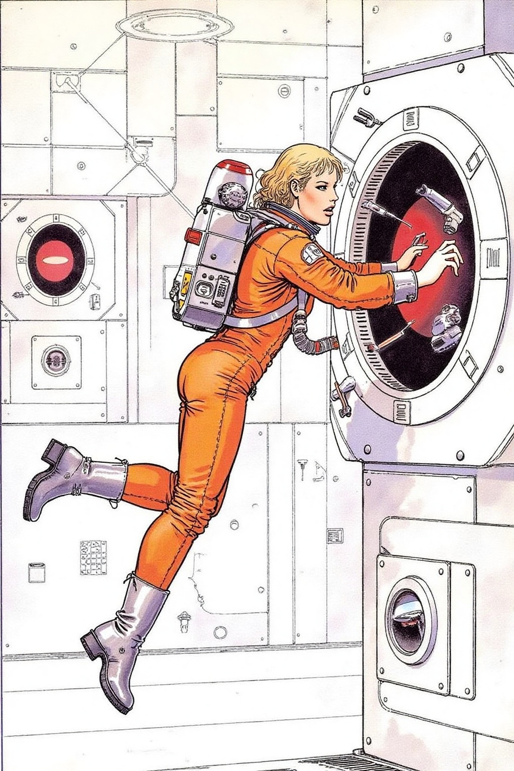 itacomic1 illustration. Overhead sideview of a blonde woman dressed in a orange spacesuit and heavy boots,  is carefully r...