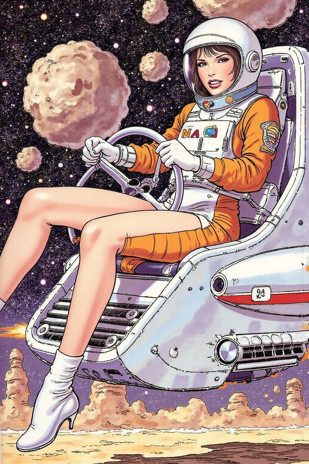 itacomic1 illustration of a woman wearing a futuristic yet retro spacesuit sitting inside a retro chrome spacecraft,  conf...