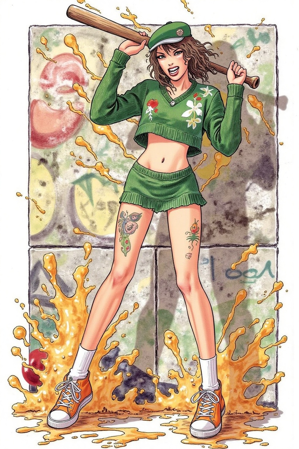 itacomic1 illustration. full body,  liquid splash,  cartoonish juicy fruits chaos on Tensor.Art