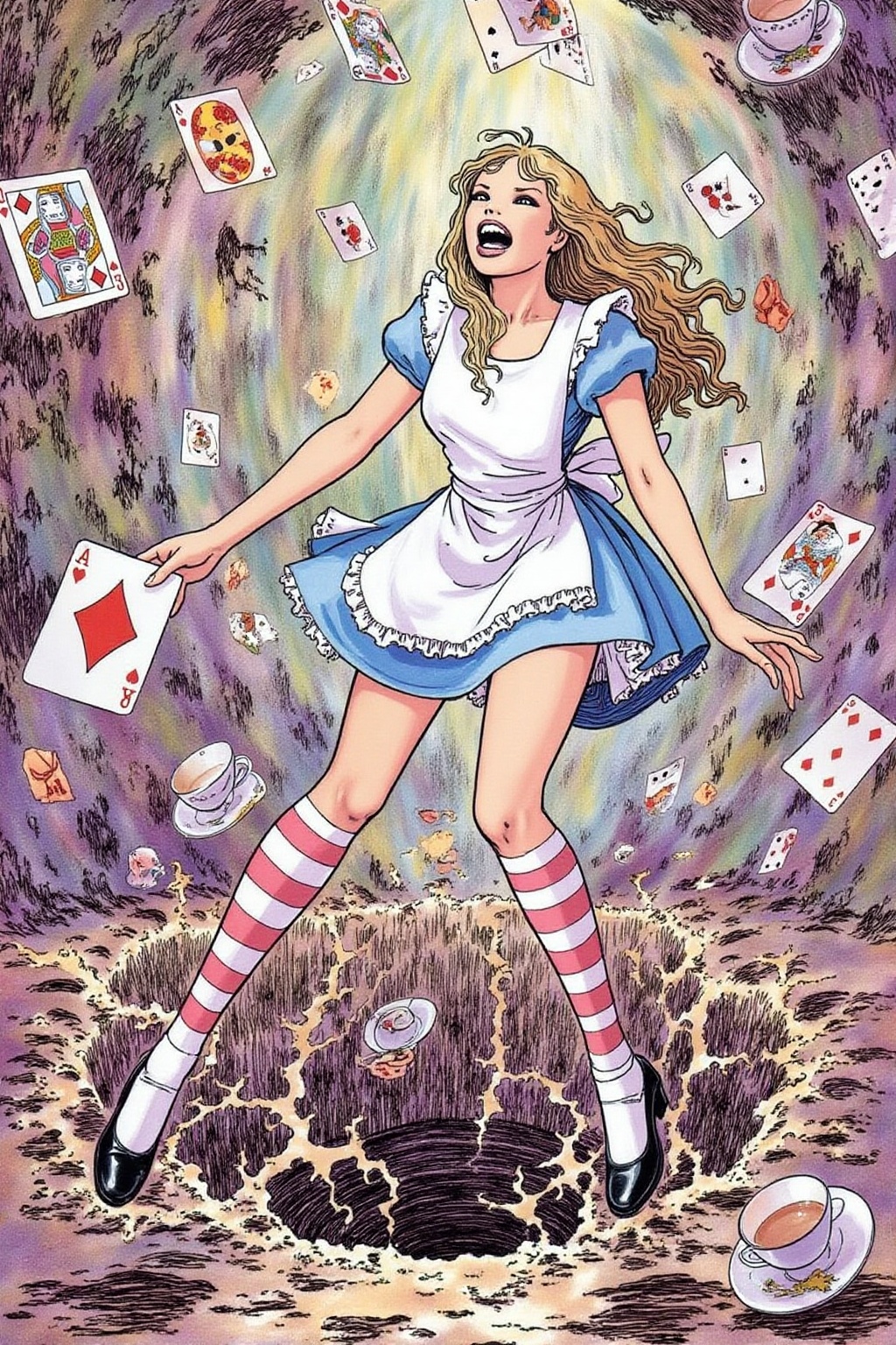 itacomic1 illustration. Overhead view of Alice in Wonderland falling into the rabbit hole,  with her legs dangling beneath...