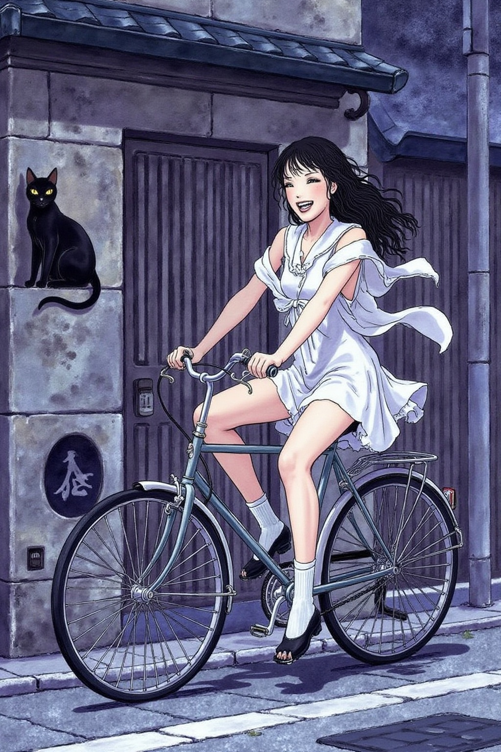 itacomic1 illustration. A Japanese school girl riding a old style bicycle through a narrow,  quiet street at night. The ha...