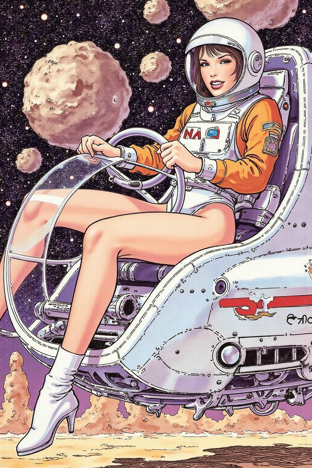 itacomic1 illustration of a woman wearing a futuristic yet retro spacesuit sitting inside a retro chrome spacecraft,  conf...