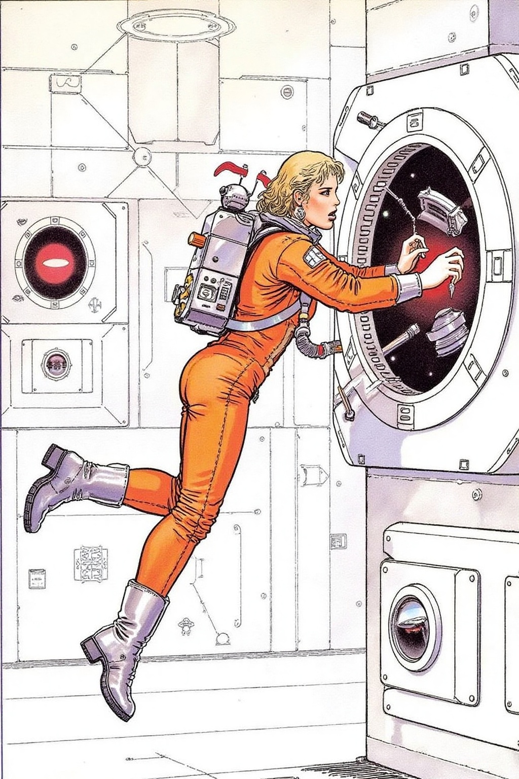 itacomic1 illustration. Overhead sideview of a blonde woman dressed in a orange spacesuit and heavy boots,  is carefully r...
