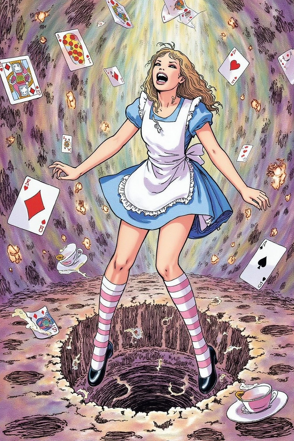 itacomic1 illustration. Overhead view of Alice in Wonderland falling into the rabbit hole,  with her legs dangling beneath...