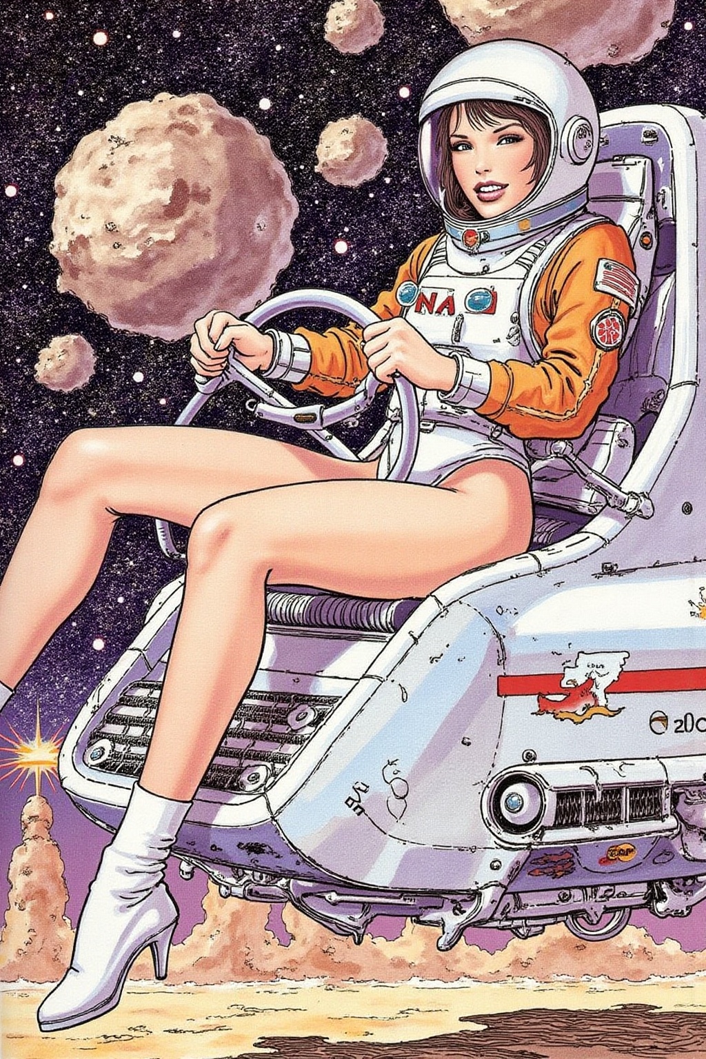itacomic1 illustration of a woman wearing a futuristic yet retro spacesuit sitting inside a retro chrome spacecraft,  conf...
