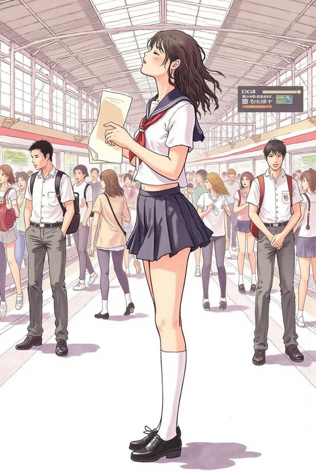 itacomic1 illustration. Profile of a high school student in uniform,  white socks and black shoes,  standing in the middle...