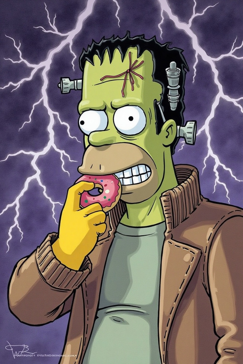 itacomic1 illustration. Homer Simpson dressed as Frankenstein,  eating a doughnut during a thunderstorm on Tensor.Art