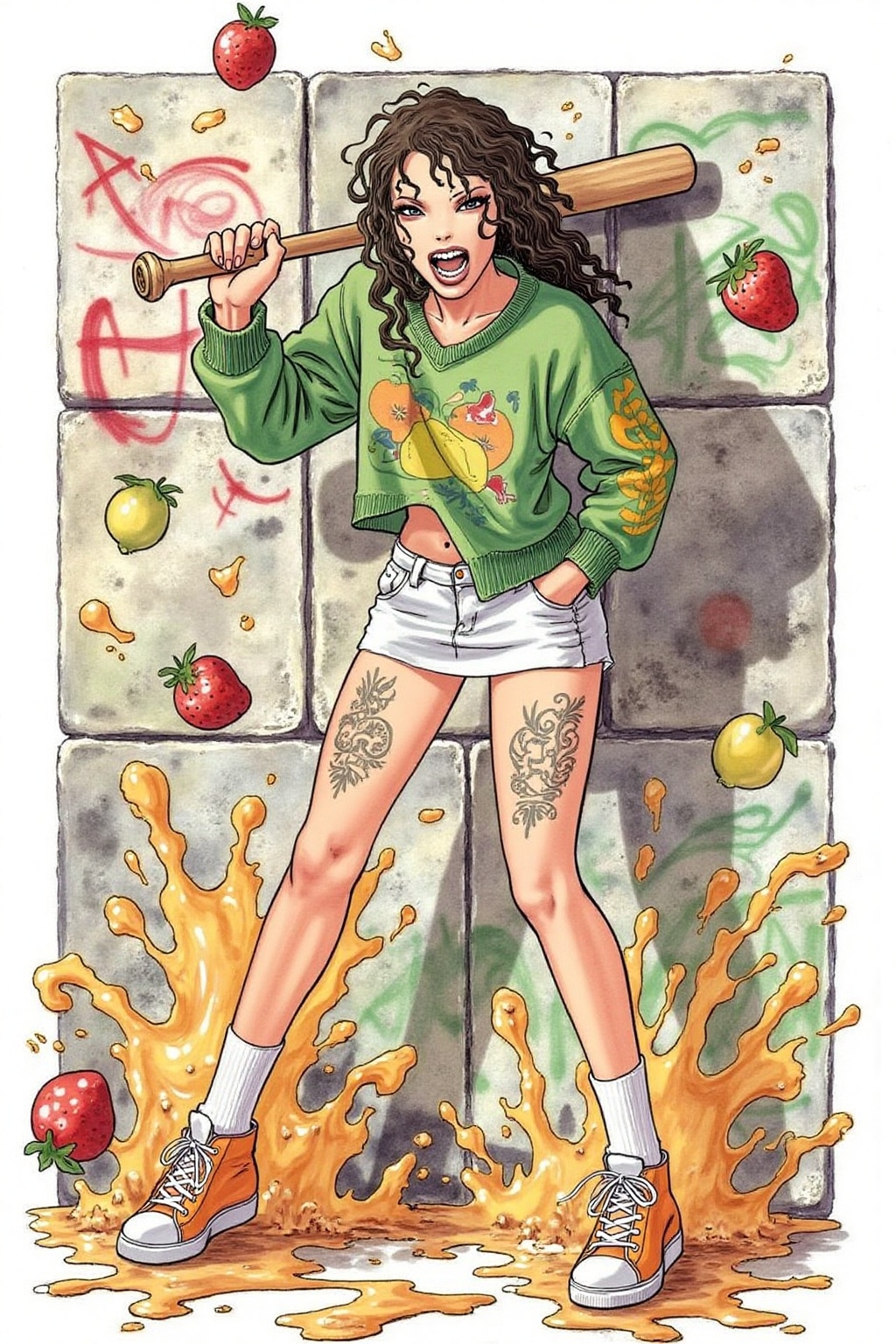 itacomic1 illustration. full body,  liquid splash,  cartoonish juicy fruits chaos on Tensor.Art