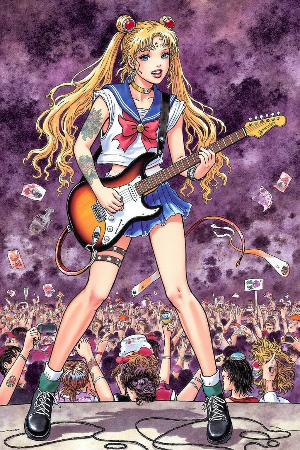 itacomic1 illustration of punk sailor moon playing a guitar at a heavy metal mosh pit,  tattoos,  piercing on Tensor.Art