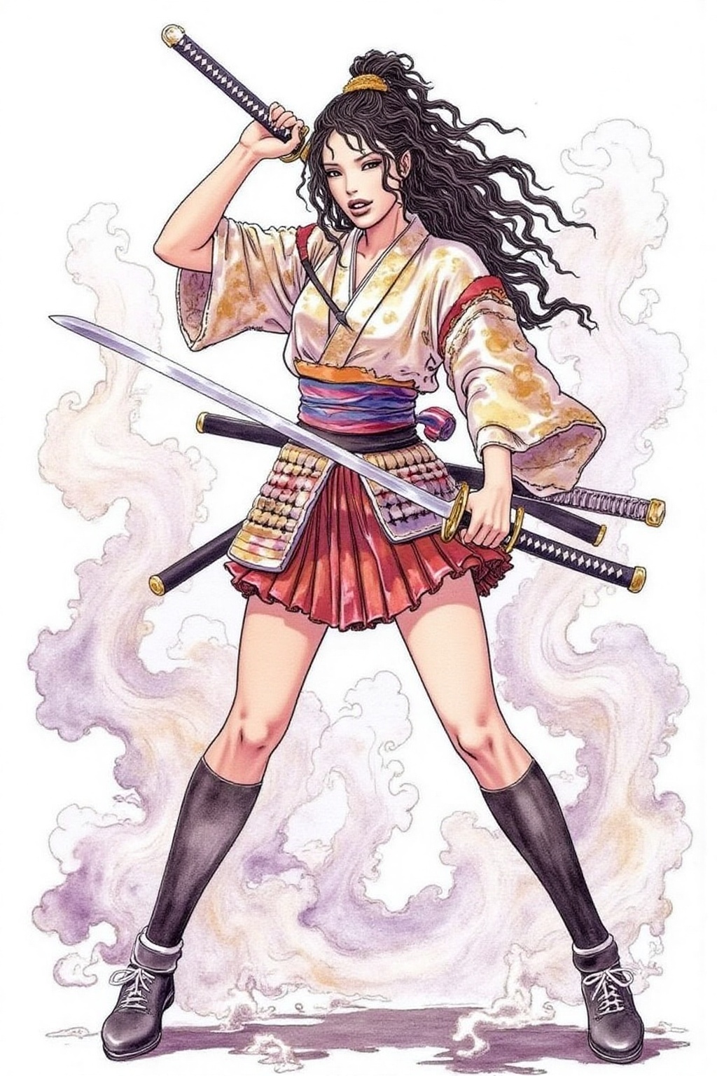 itacomic1 illustration of a female Japanese samurai warrior wielding a katana,  blending form with reality. Glitching the...