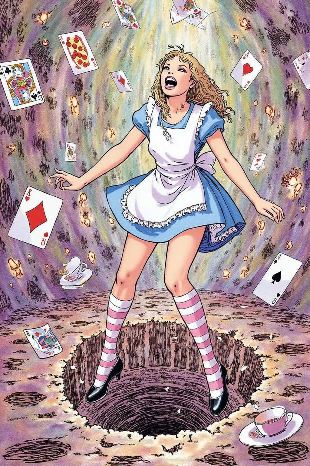 itacomic1 illustration. Overhead view of Alice in Wonderland falling into the rabbit hole,  with her legs dangling beneath...