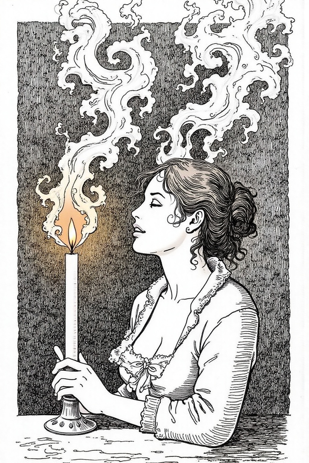 itacomic1 illustration. Wisps of smoke rising from a candle in the form of a woman's profile on Tensor.Art