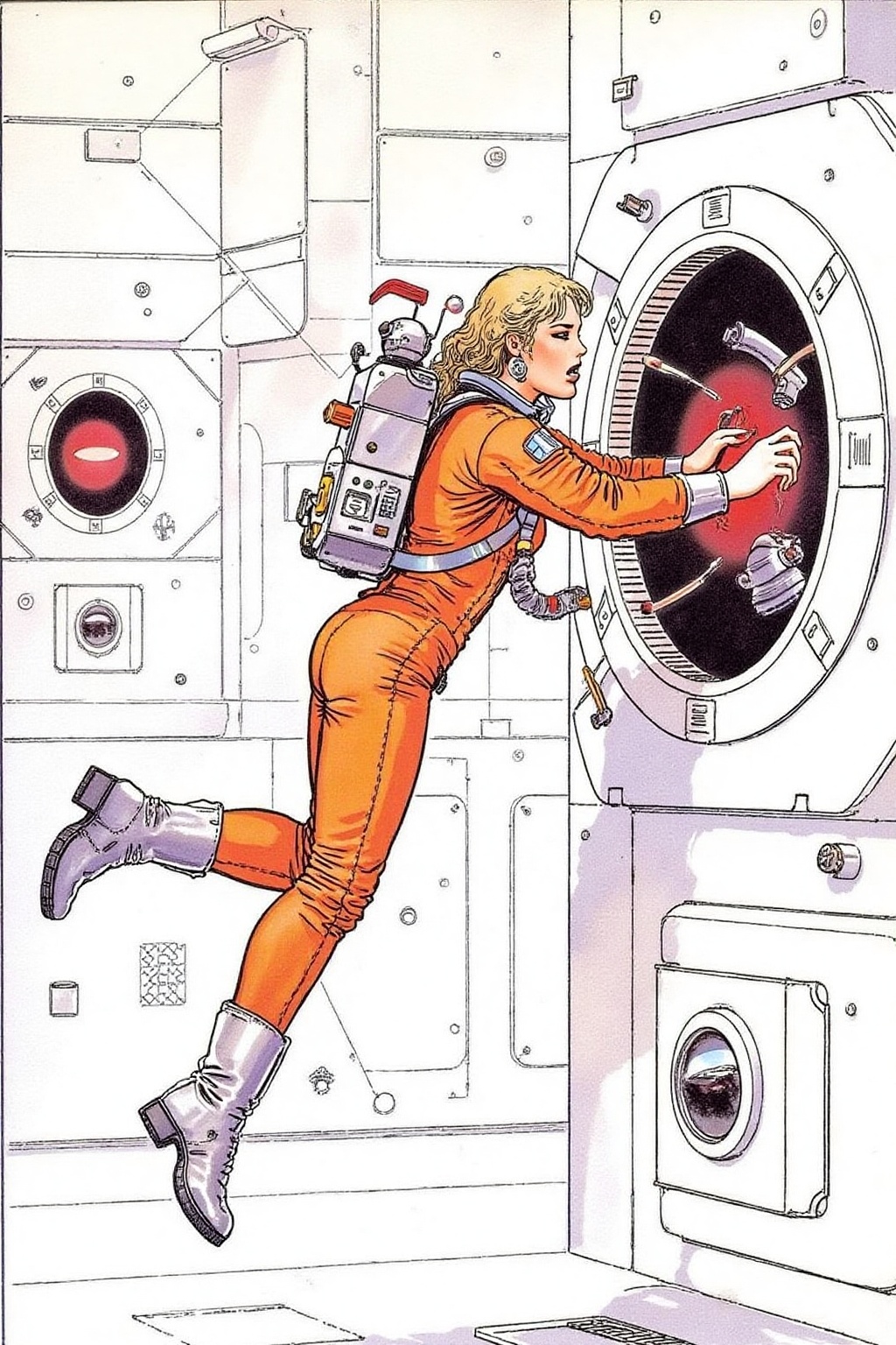 itacomic1 illustration. Overhead sideview of a blonde woman dressed in a orange spacesuit and heavy boots,  is carefully r...