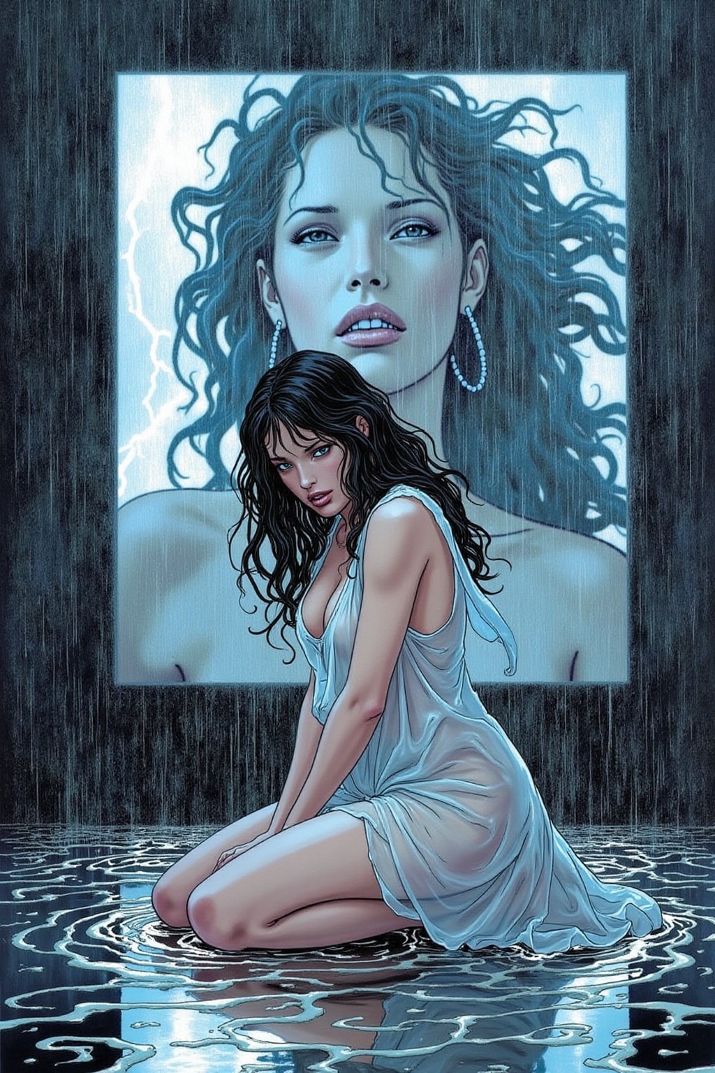 Shot from the side,  overhead shot itacomic1 illustration of a surreal,  dramatic cinematic scene featuring a woman with l...