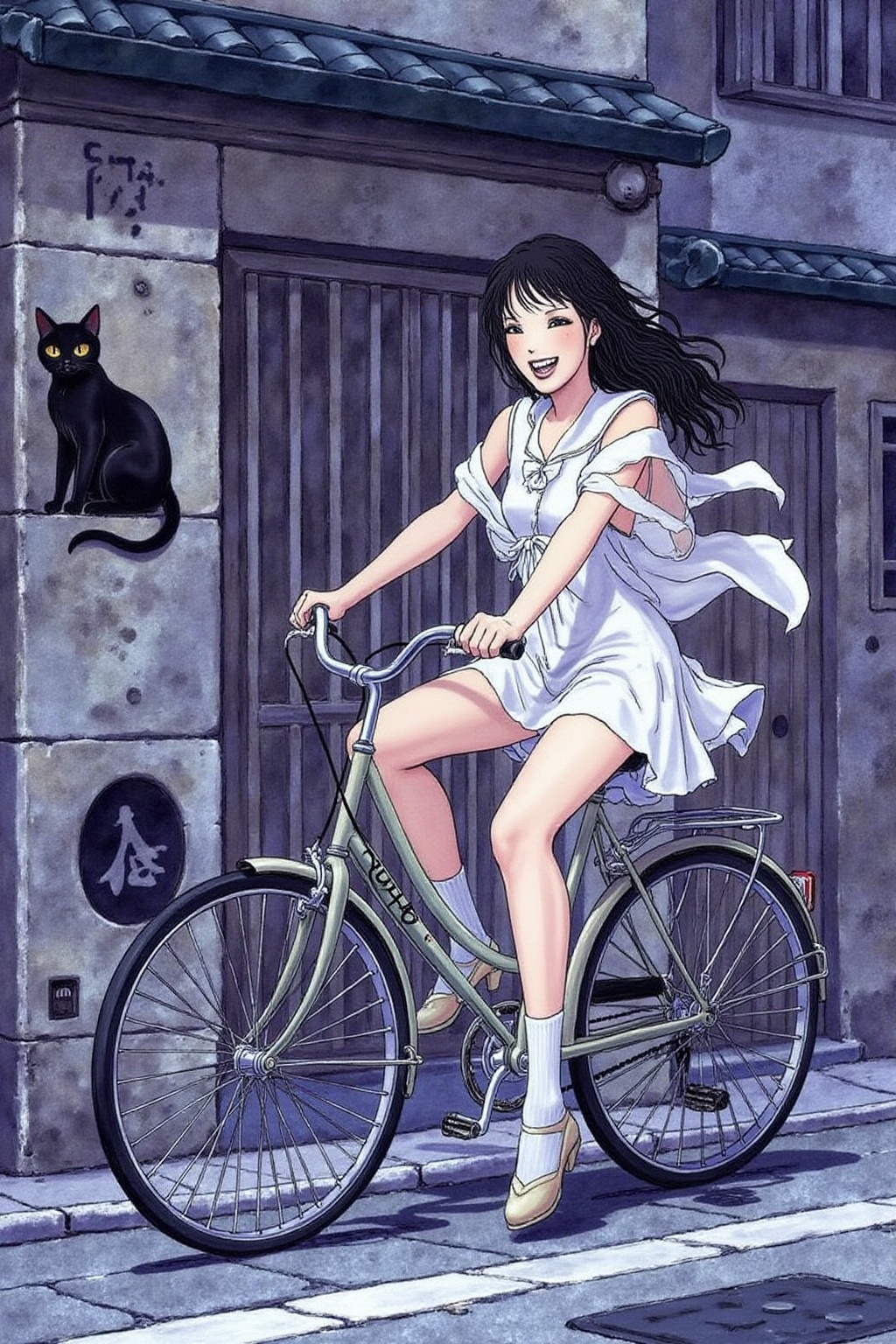 itacomic1 illustration. A Japanese school girl riding a old style bicycle through a narrow,  quiet street at night. The ha...