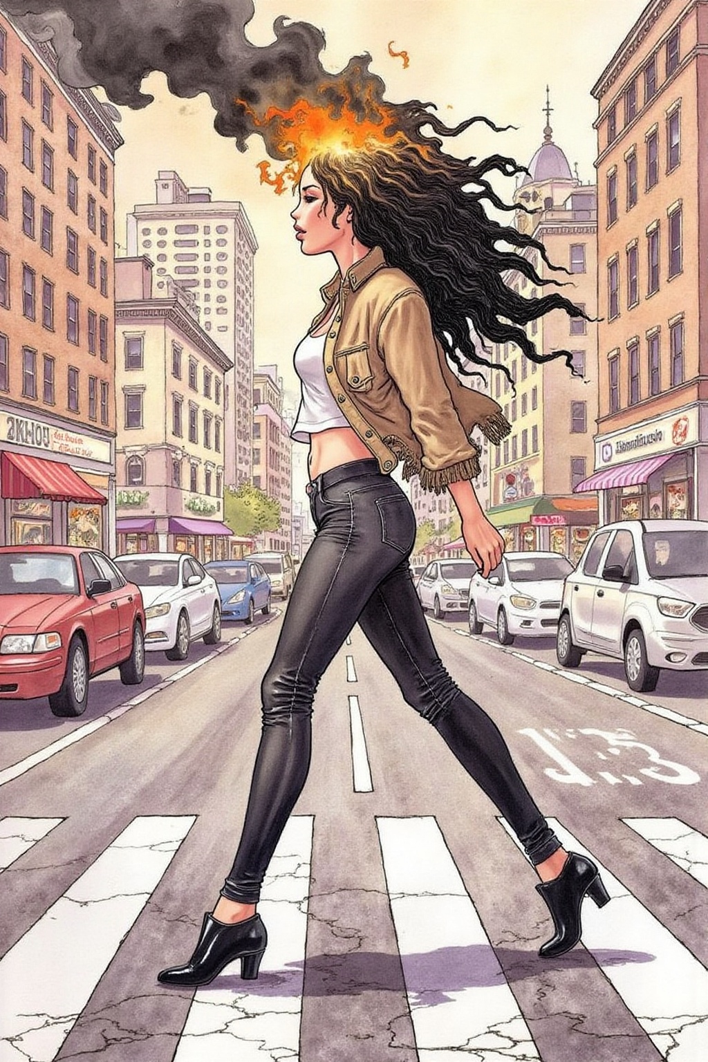 itacomic1 illustration. Fantasy artwork. Profile of a woman with long black hair walking across the street at zebra crossi...