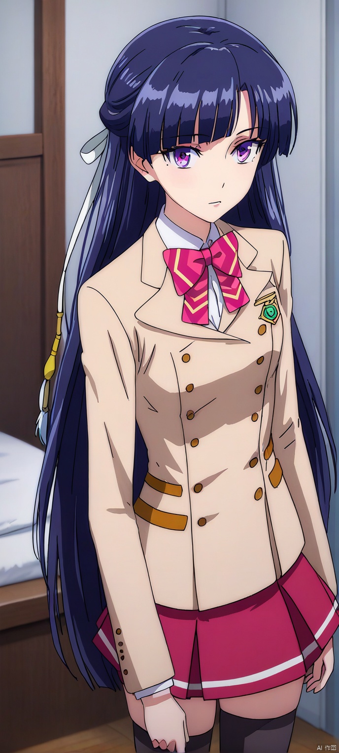 (high definition, Best quality, masterpiece, 4K, exquisite skin), LMyexiao, solo, portrait, black thighhighs, room, learning forward, Focus upper body