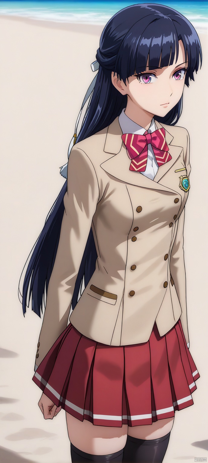 (high definition, Best quality, masterpiece, 4K, exquisite skin), LMyexiao, solo, pleated skirt, red skirt, black thighhighs, thighhighs, seaside, learning forward