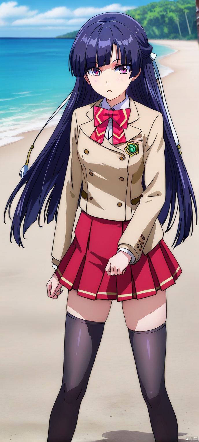 (high definition, Best quality, masterpiece, 4K, exquisite skin), LMyexiao, solo, pleated skirt, red skirt, black thighhighs, thighhighs, seaside, learning forward