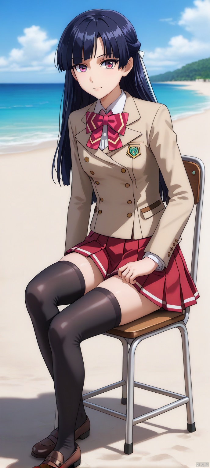 (high definition, Best quality, masterpiece, 4K, exquisite skin), LMyexiao, solo, pleated skirt, red skirt, black thighhighs, thighhighs, seaside, Sit, sit in white chair, learning forward