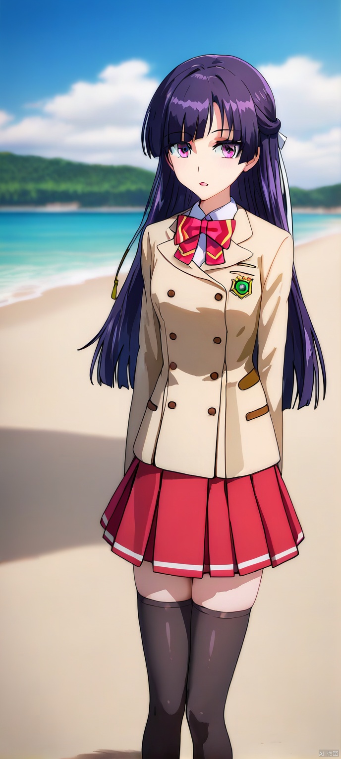 (high definition, Best quality, masterpiece, 4K, exquisite skin), LMyexiao, solo, pleated skirt, red skirt, black thighhighs, thighhighs, seaside, learning forward