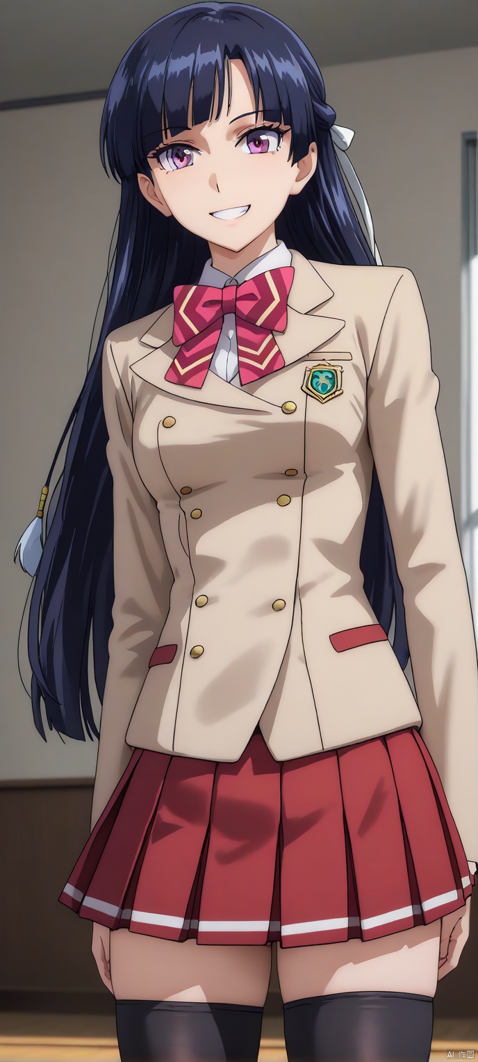 (high definition, Best quality, masterpiece, 4K, exquisite skin), LMyexiao, solo, smile, pleated skirt, red skirt, black thighhighs, thighhighs, room, learning forward