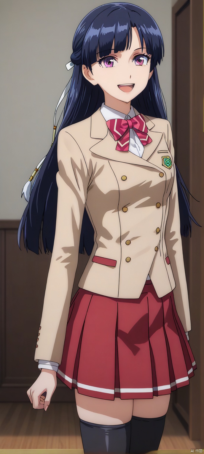 (high definition, Best quality, masterpiece, 4K, exquisite skin), LMyexiao, solo, happy, pleated skirt, red skirt, black thighhighs, thighhighs, room, learning forward