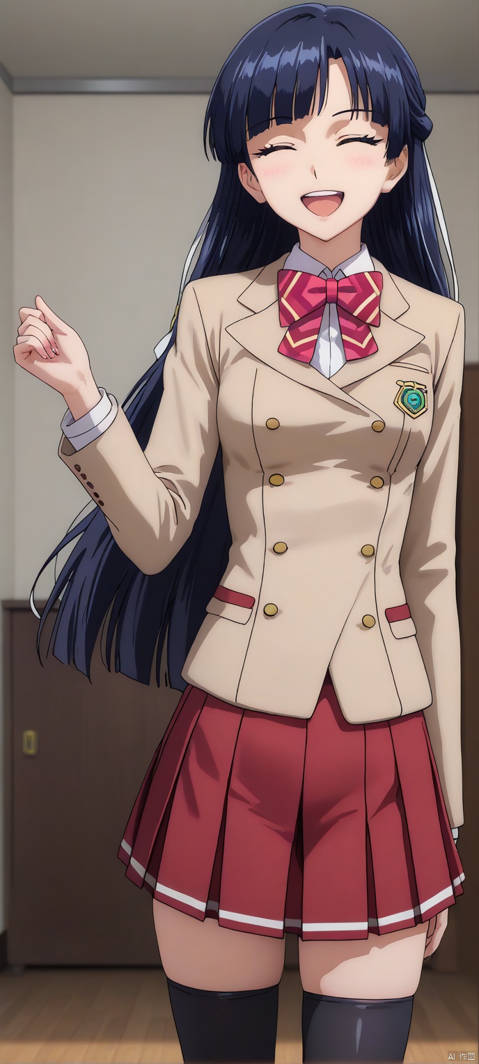 (high definition, Best quality, masterpiece, 4K, exquisite skin), LMyexiao, solo, happy, pleated skirt, red skirt, black thighhighs, thighhighs, room, learning forward